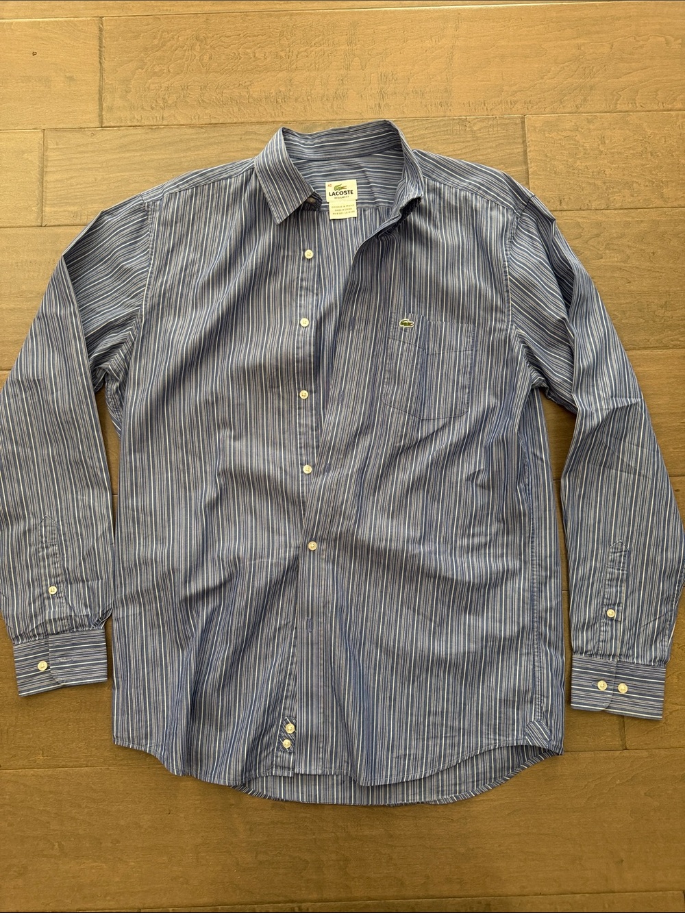 Lacoste Men's Blue and White Striped Button-Down Dress Shirt